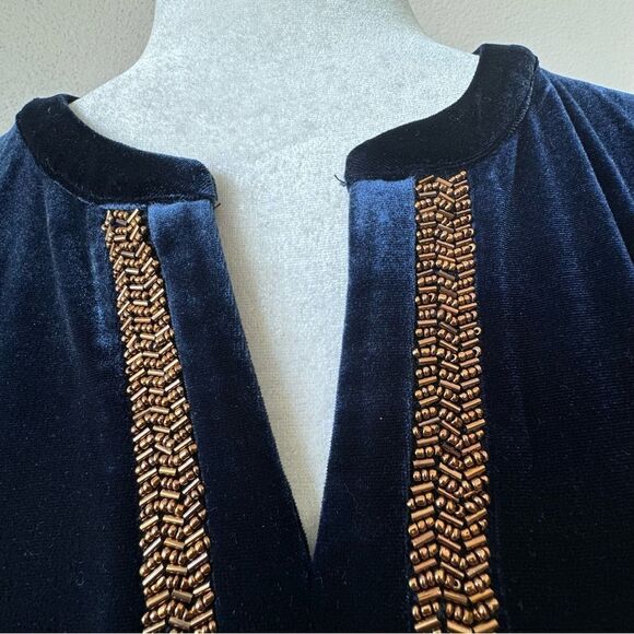 Susan Graver Artisan Velvet Blue Tunic Gold Bead Trim Long Sleeve Size Small - Picture 3 of 11